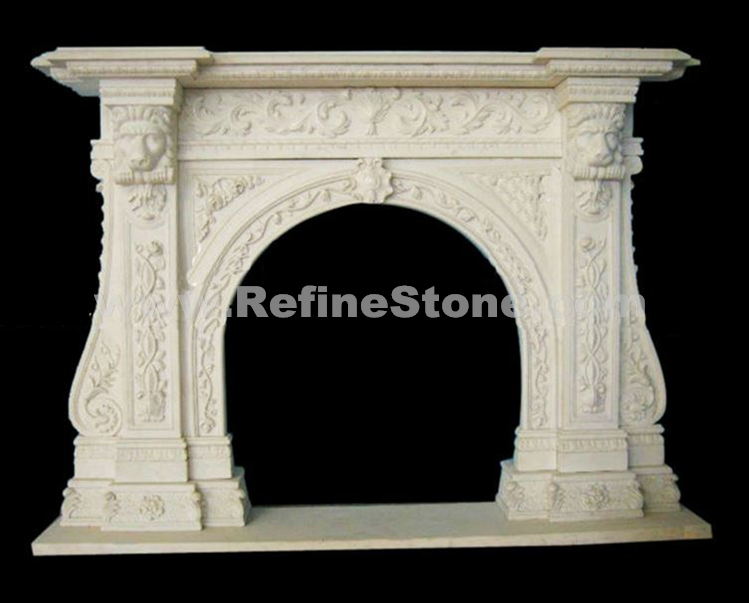Carved marble lion sculptured fireplace